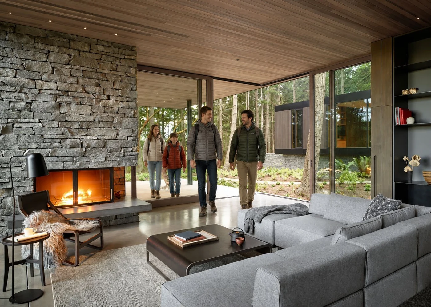 A wood-look ceiling above an open living space